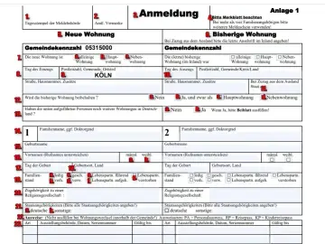 Formular zur Anmeldung einer neuen Wohnung in Köln.