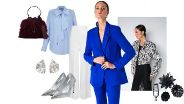 Elegancka stylizacja na bal ósmoklasisty: niebieski garnitur, białe spodnie, błękitna koszula z kokardą, srebrne szpilki i torebka.