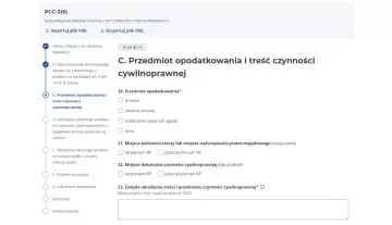 Formularz PCC-3 online, sekcja C: przedmiot opodatkowania i treść czynności cywilnoprawnych. Wypełnianie deklaracji podatku od czynności cywilnoprawnych, np. przy zakupie samochodu.