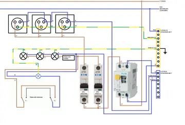Schemat instalacji elektrycznej TNC z gniazdkami, oświetleniem i wyłącznikami.