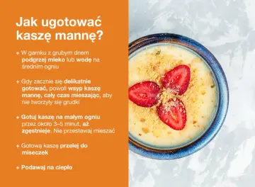 Jak ugotować kaszę manną? Wskazówki dotyczące proporcji kaszy mannej na szklankę mleka i przygotowania. Na talerzu kasza z truskawkami.
