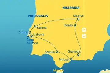 Mapa turystyczna Półwyspu Iberyjskiego z trasą przez Portugalię, która graniczy z Hiszpanią, obejmująca Lizbonę, Fatimę, Sewillę i Malagę.