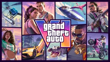 El arte promocional de GTA 6 PC muestra un helicóptero, una pareja, un coche deportivo, un cocodrilo, un hombre con un rifle, un hombre con cadenas y una moto haciendo un caballito.