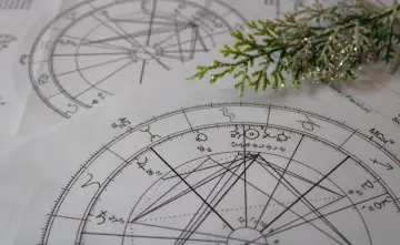 Zimowa gałązka na tle wykresów astrologicznych. Gwiazdy i planety układają się w tajemnicze wzory, tworząc mapę nieba.