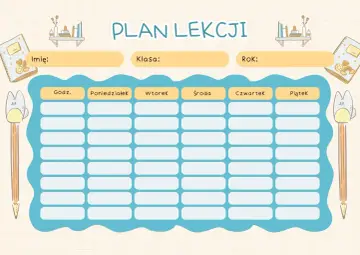 Uroczy plan lekcji dla klasy 4. Zeszyty, ołówki i półki z książkami tworzą przyjazną atmosferę do nauki.