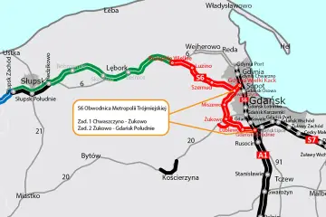 Mapa pokazuje przebieg S6 Obwodnica Metropolii Trójmiejskiej, łączącą Słupsk z Trójmiastem.