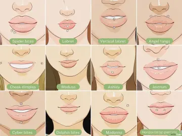 Ilustracje różnych kolczyków w ustach, w tym labret. Dowiedz się, jak odkrecic labret i inne rodzaje kolczyków.