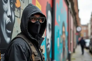 Tajemnicza postać w masce i okularach, jak Banksy, pozuje na tle kolorowego muralu.