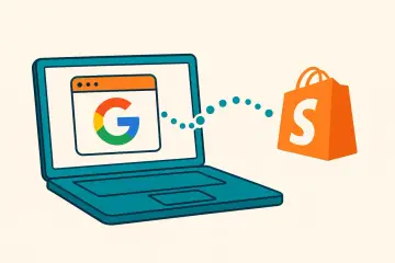 Un laptop con il logo Google mostra dati che fluiscono verso un sacchetto arancione con la S di Shopify, suggerendo l'ottimizzazione del **shopify sitemap** per la ricerca.