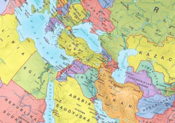 Mapa polityczna obejmująca państwa w Azji, Bliskiego Wschodu i północno-wschodniej Afryki. Widoczne m.in. Turcja, Syria, Irak, Iran, Arabia Saudyjska, Egipt.