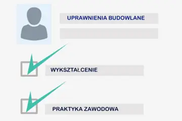 Ikona osoby i pola z zaznaczonymi uprawnieniami budowlanymi, wykształceniem i praktyką zawodową, wskazujące na samodzielne funkcje techniczne w budownictwie.