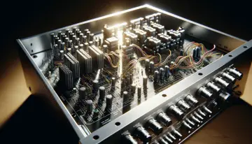 Wnętrze wzmacniacza z widocznymi elementami elektronicznymi i przewodami. Dowiedz się, jak zmostkować wzmacniacz, by uzyskać lepszą moc.