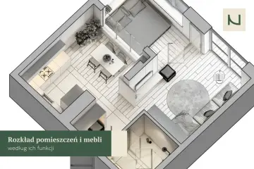 Projekt mieszkania z kuchnią, salonem, sypialnią i łazienką. Aranżacja zgodna z zasadami feng shui, zapewniająca harmonię i przepływ energii.