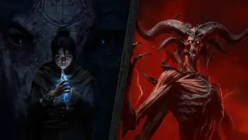Mroczna postać z kryształem w dłoniach, obok przerażającego demona, przypominającego Mephisto z Diablo.