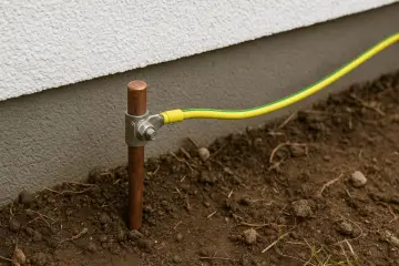 Miedziany pręt wbity w ziemię, połączony żółto-zielonym przewodem z budynkiem. Pokazuje, jak zrobić uziemienie w starej instalacji.