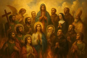 Obraz przedstawia grupę świętych, w tym Matkę Boską i anioła, otoczonych płomieniami. Wśród nich rozpoznajemy **12 apostołów**, którzy wznoszą modły.
