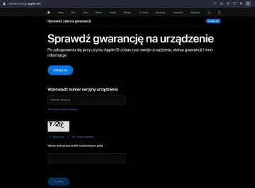 Strona Apple z polem do wpisania numeru seryjnego urządzenia i kodem weryfikacyjnym.