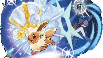 Eevee con corona de diamantes y oro, listo para cambiar teratipo pokemon. Una entrenadora sonríe, rodeada de energía azul y cristales.