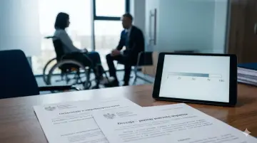 Na stole leżą dokumenty dotyczące ustalenia poziomu potrzeby wsparcia. W tle siedzi osoba na wózku inwalidzkim.