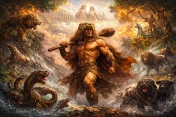 Herakles, z maczugą i lwią skórą na głowie, walczy z hydrą i lwami. W tle mityczne postacie i świątynia.