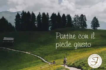Persone che fanno trekking su un sentiero in montagna, tra prati verdi e alberi.