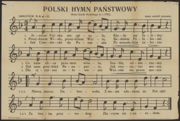 Tekst Mazurka Dąbrowskiego, polskiego hymnu narodowego, na starym druku nutowym.