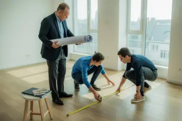 Mężczyzna z planami w ręku obserwuje dwóch młodych ludzi mierzących podłogę. To może być początek planowania mieszkania za odstępne na czas nieokreślony.