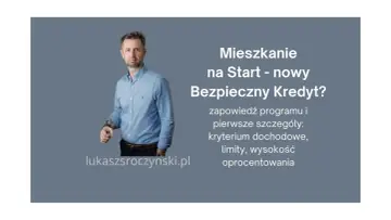 Mężczyzna w niebieskiej koszuli obok tekstu o Bezpiecznym Kredycie 2 procent. Zapowiedź programu, kryteria i limity.