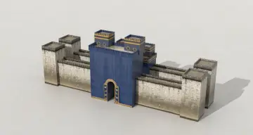 Brama Isztar, przypominająca ziggurat, z niebieskimi ścianami i złotymi zdobieniami, otoczona kamiennymi murami obronnymi.
