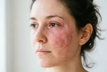 Visage d'une femme avec une peau rouge et irritée autour des yeux et sur les joues, possiblement une allergie au collagène.