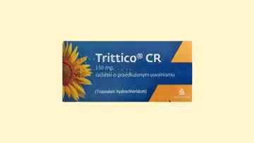 Opakowanie leku Trittico CR 150 mg, tabletek o przedłużonym uwalnianiu, z motywem słonecznika.