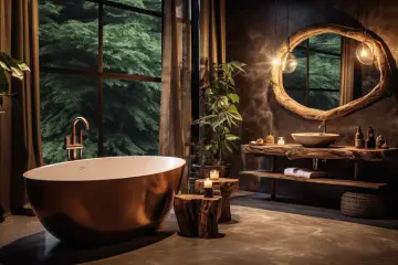 Baignoire cuivrée, lavabo en bois brut, et vue sur la forêt. Une **salle de bain zen** pour se ressourcer.
