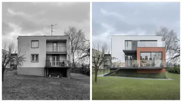 Przed i po: metamorfoza elewacji domu z lat 70-tych. Nowoczesna bryła z przeszklonymi tarasami i ceglanym akcentem zastępuje starą architekturę.
