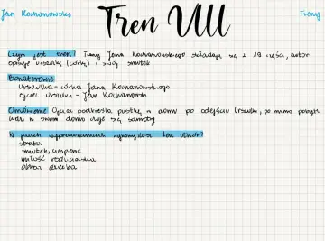Jan Kochanowski, Tren VIII. Notatki o trenach, postaciach (Urszulka, ojciec), omówieniu pustki i samotności po stracie.