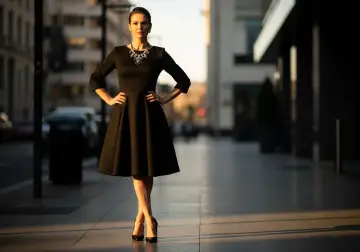 Elegancka kobieta w czarnej sukience, z naszyjnikiem, na ulicy. Jak rozjaśnić czarną sukienkę? Dodaj błyszczące dodatki!