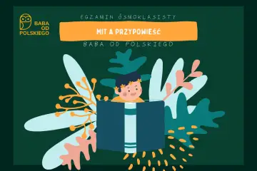 Egzamin ósmoklasisty: mit a przypowieść. Dziecko z wiankiem na głowie wyłania się z otwartej księgi, otoczone barwnymi liśćmi.