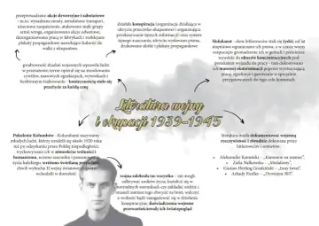 Konflikty jako źródło literackiego obrazu wojny. Ilustracja przedstawia schemat "Literatura wojny i okupacji 1939-1945", ukazując jej kontekst i przykłady.