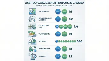 Przewodnik po proporcjach octu i wody do czyszczenia: mycie okien, odkamienianie, fugi, blaty, podłogi, dezynfekcja, czajnik.