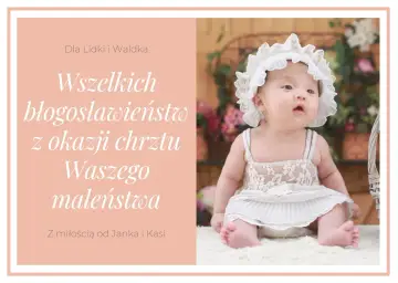 Urocza dziewczynka w koronkowej sukience i czapeczce. Piękne życzenia na chrzest dla dziewczynki od Janka i Kasi.
