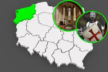 Mapa Polski z zaznaczonym Pomorzem Zachodnim, wnętrzem kościoła i rycerzem w zbroi. Odkryj zamki templariuszy w Polsce.