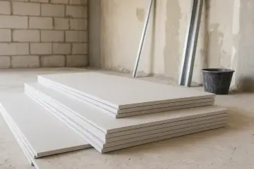 Stos płyt gipsowych na budowie, gotowych do montażu. Różne płyty gipsowe wymiary.