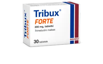 Opakowanie leku Tribux FORTE 200 mg, 30 tabletek. Pomaga na problemy z układem pokarmowym.