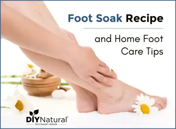 A gentle foot soak recipe for dry feet, with daisies and a candle, promoting natural home foot care.