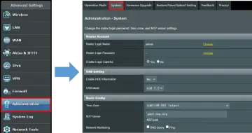 Panel administracyjny routera, sekcja System. Możliwość zmiany nazwy użytkownika i hasła do logowania do routera.