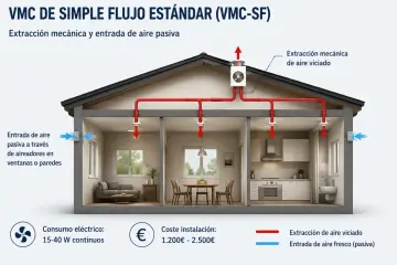 Diagrama de un sistema VMC de simple flujo que muestra la extracción de aire viciado y la entrada pasiva de aire fresco en una casa.