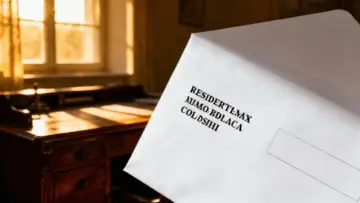 Biała koperta z tekstem "RESIDENTLMAX NIJMO BDLACA COLDSiHi" leży na biurku. Gdzie znaczek na kopercie?