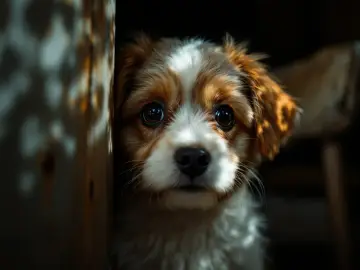 Adorable cachorro con ojos brillantes, demostrando que los perros tienen visión nocturna.