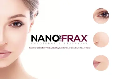 Twarz kobiety, logo Nanofrax, zbliżenia oka, nosa i ust. Nanofrax - mezoterapia frakcyjna dla pięknej i zdrowej skóry.