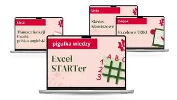 Laptopy prezentują materiały edukacyjne o Excelu: "Tłumacz funkcji", "Skróty klawiszowe", "Excelowe TRIKI" i "Excel STARTER".
