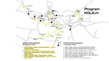 Mapa projektów kolejowych z zaznaczonymi trasami i punktami. Studenci mogą skorzystać z **zniżki studenckie** na podróże między miastami, np. z Katowic Ligoty do Orzesza.